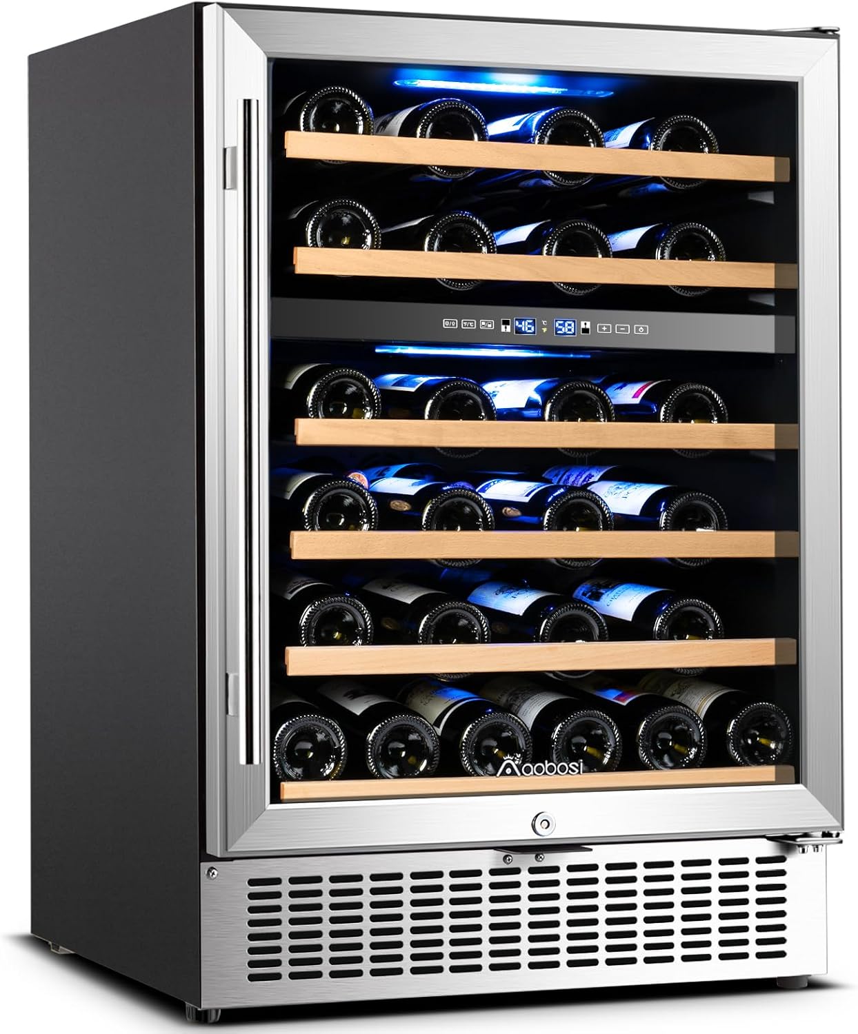 Front view of the AAOBOSI 24 Inch Dual Zone Wine Cooler with bottles inside and blue interior lighting.