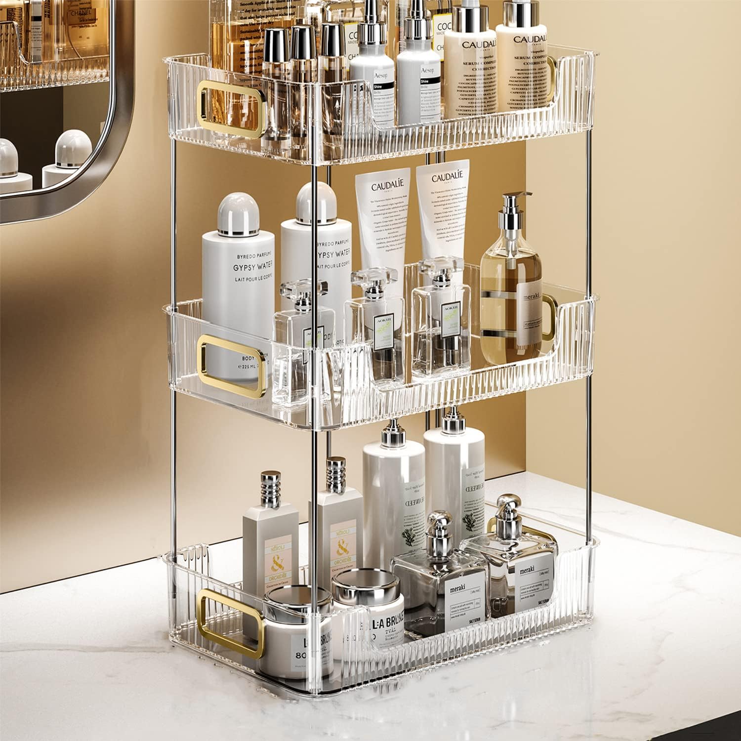 MACIUM Makeup Organizer, 3-Tier Cosmetics Storage Display Box, Capacity Skincare Organizer, for Bedroom Dresser or Vanity Countertop (Yellow)