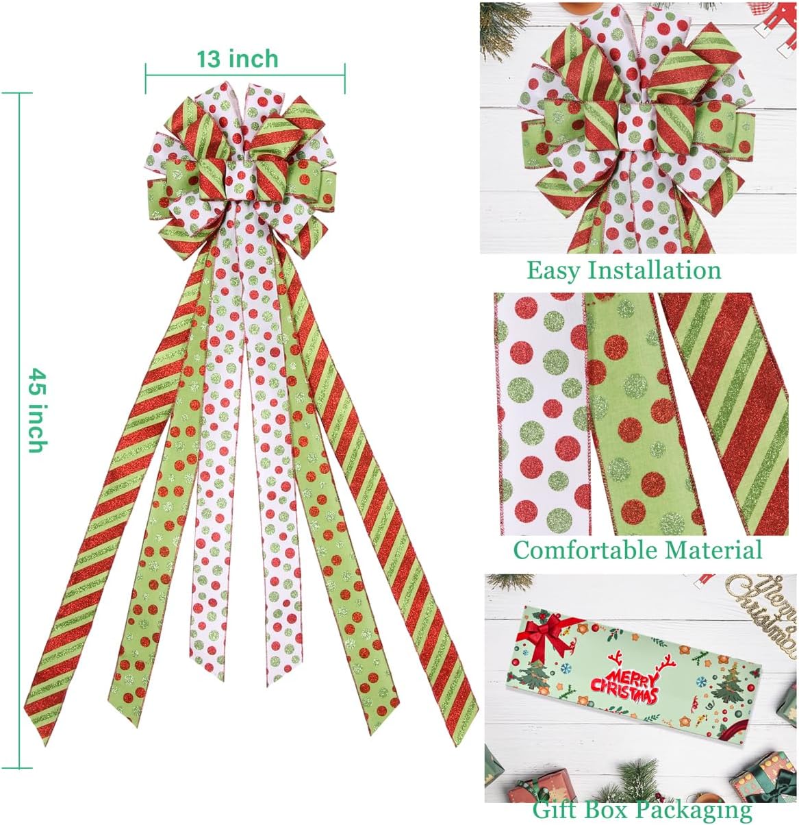 Christmas Tree Topper Wreath Bow Large Green Christmas Bow Tree Topper, 45"x13" Red Green Dot Polyester Gift Ribbon for Xmas Ornament Holiday Home Wedding Thanksgiving Indoor/Outdoor Decoration - Image 2