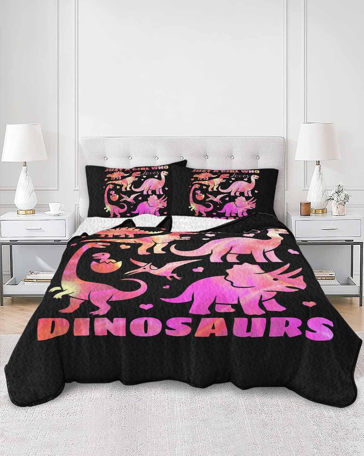 Twin Size Quilts Set, Pink Dinosaur Lightweight Comforter Bedding Sets for All Seasons, JUST A Boy Who Loves Dinosaur Jungle Animals Quilted Bedspread with 2 Pillow Covers 68" x 86"