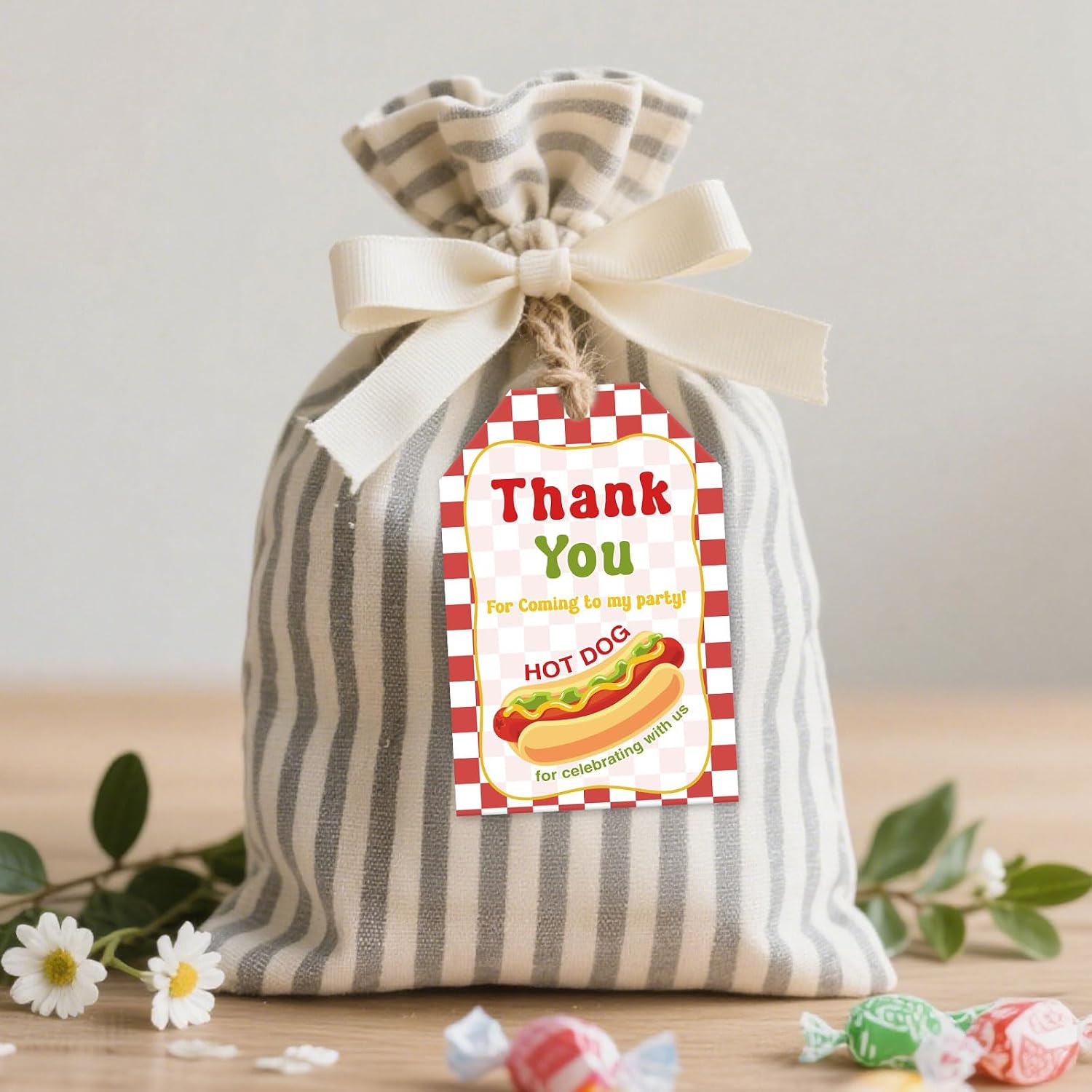 50pcs Hotdog Thank You Tags Hot Dog Theme Birthday Gift Tags for kids Picnic BBQ Favor Decor Dog Hotdog Bar Party Favor One Hot Diggity