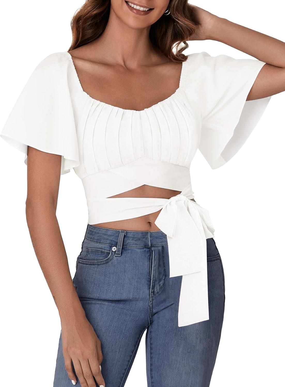 Rooscier Women's Ruched Wrap Ruffle Flare Short Sleeve Square Neck Self Tie Crop Top Blouse - Image 2