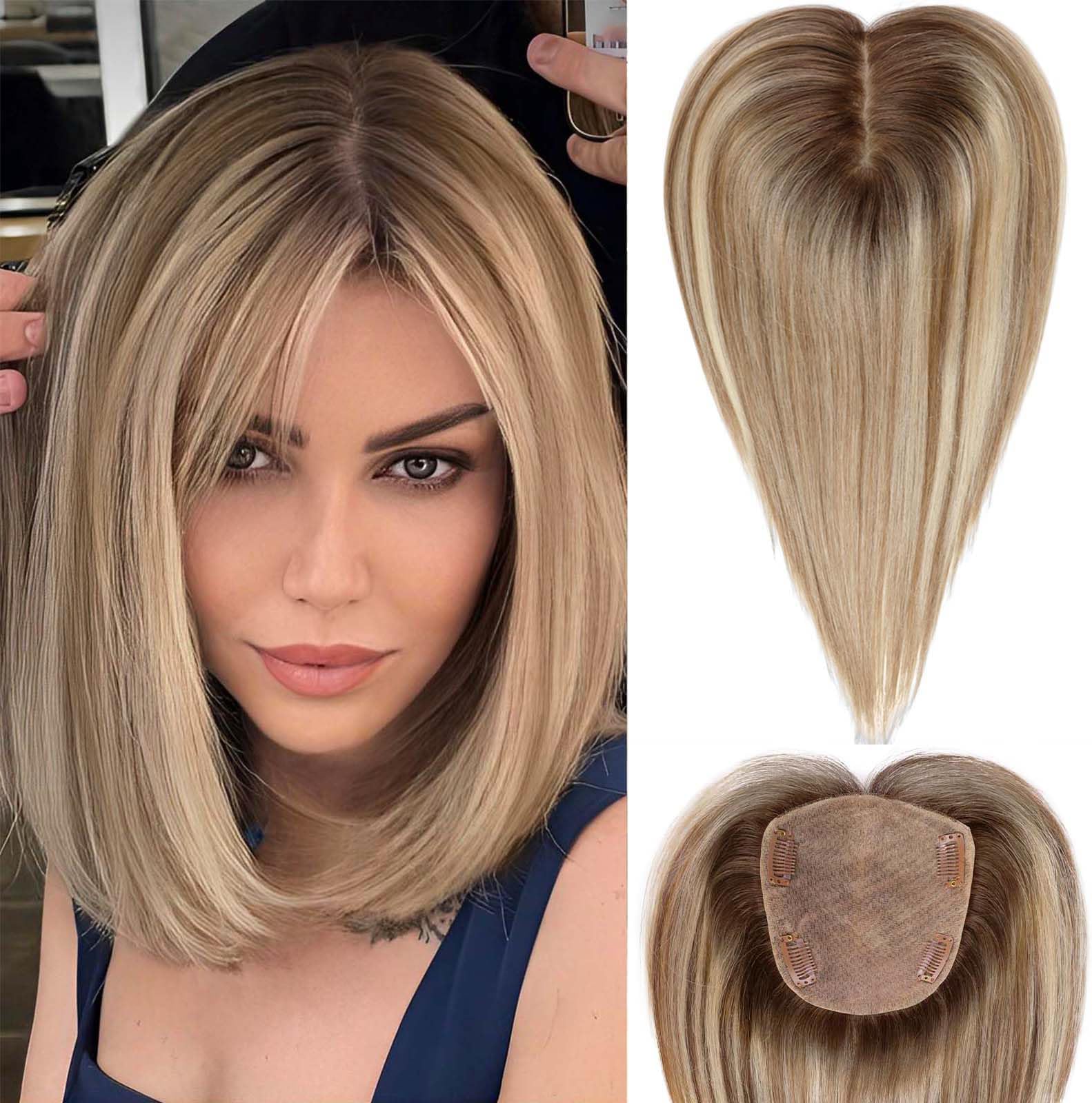 HAIRCUBE 5"*5.5" Large Base Hair Toppers for Women Real Human Hair Topper, 14 inch Light Brown with Blonde Highlight, No Bangs for Women with Thinning or Grey Root