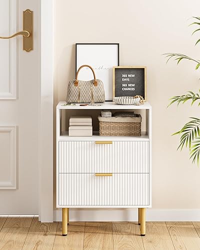 Miniatura 8 de Mesita de noche, mesita de noche alta con 3 cajones de almacenamiento, mesita de noche blanca, muebles de noche, mesa auxiliar con marco dorado,