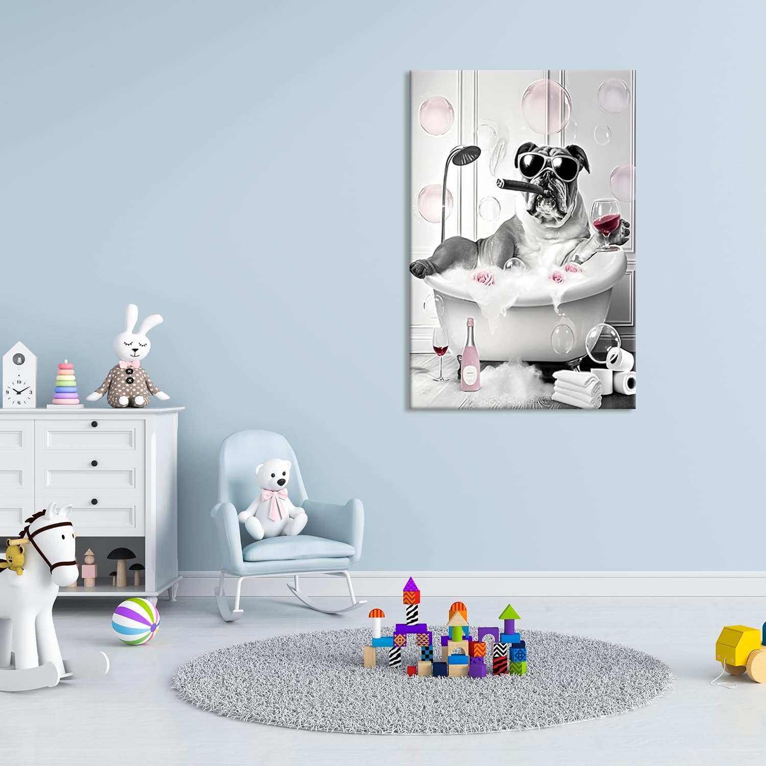 ZHIYYHAO Funny Bulldog Living Room Wall Art Black and White Animals Bulldog Smoking Cigar Wall Decor Bulldog in Bathtub Bathing Pink Bubbles Canvas Prints Framed Artwork for Hallway Decor Bedroom Living Room Nursery Home Decor （A-11，30.00L" X20.00W'' ）
