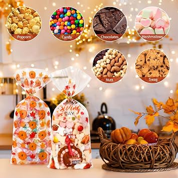 STPIYFZU Thanksgiving Treat Bags, Fall Cellophane Treat Bags, Pumpkin Maple Leaf turkeys Candy Goodie Treats Bag with Twist Tie for Thanksgiving Fall Autumn Theme Party Favor Bag (50 Pcs 4 Styles)