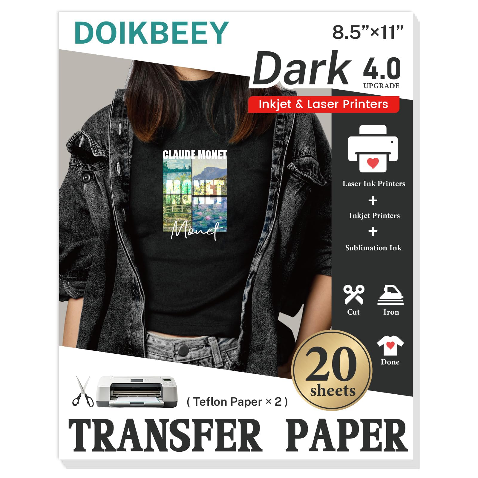 Papier transfert t-shirt tissu foncé jet d'encre 20 feuilles format A4