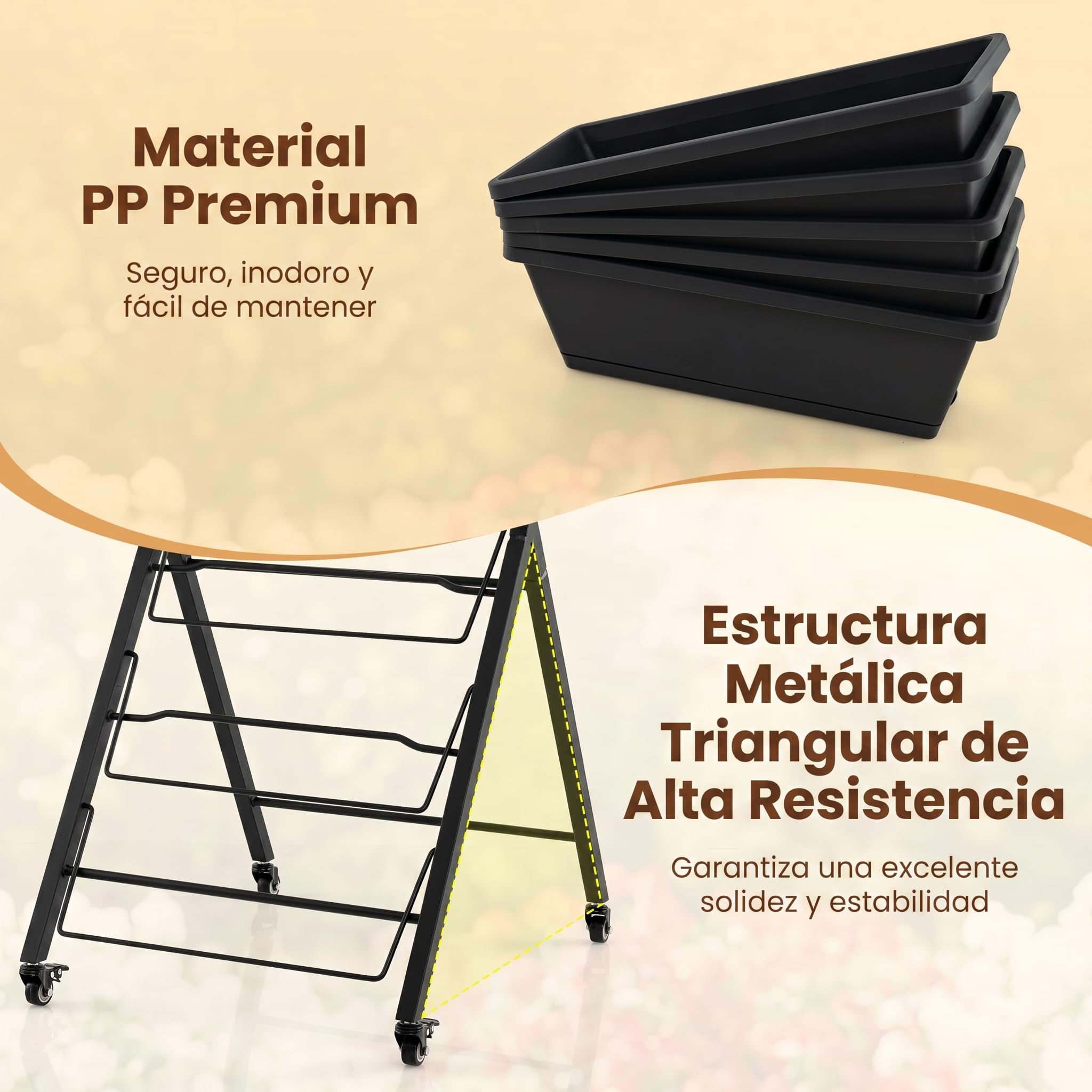 COSTWAY Jardinera Vertical con 5 Macetas, Huerto Urbano Elevado con Ruedas, Estructura de Metal, Orificios de Drenaje, Bandejas Desmotanbles, Jardinera Elevada Exterior, 57 x 68 x 117 cm