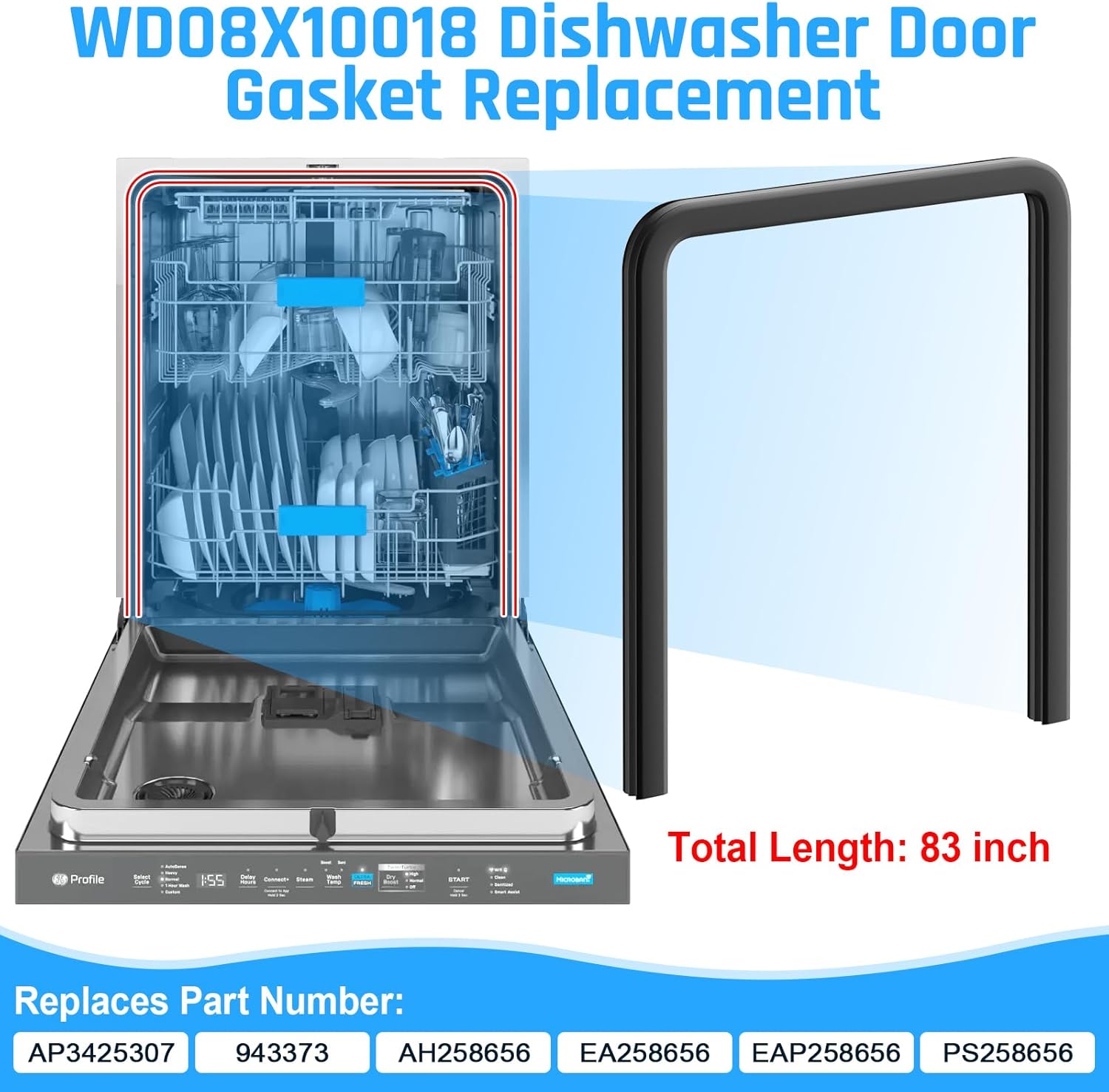 【Upgraded】WD08X10018 Dishwasher Door Gasket Replacement Compatible with General Electric Ge Dishwashers,Replaces AH258656 EA258656 WD8X10018 GLC4400R GHDA670N Door Seal