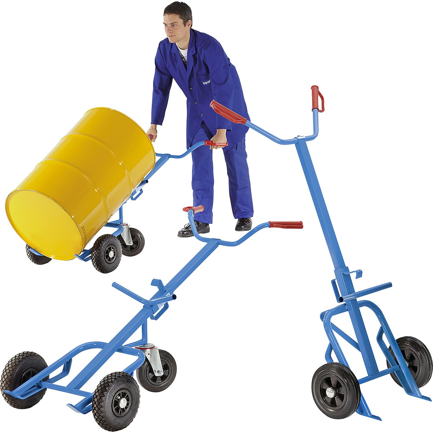 eurokraft | Chariot porte-fûts pour fûts en acier | charge max 400 kg | avec roue stabilisatrice à bandage caoutchouc | roues en caoutchouc