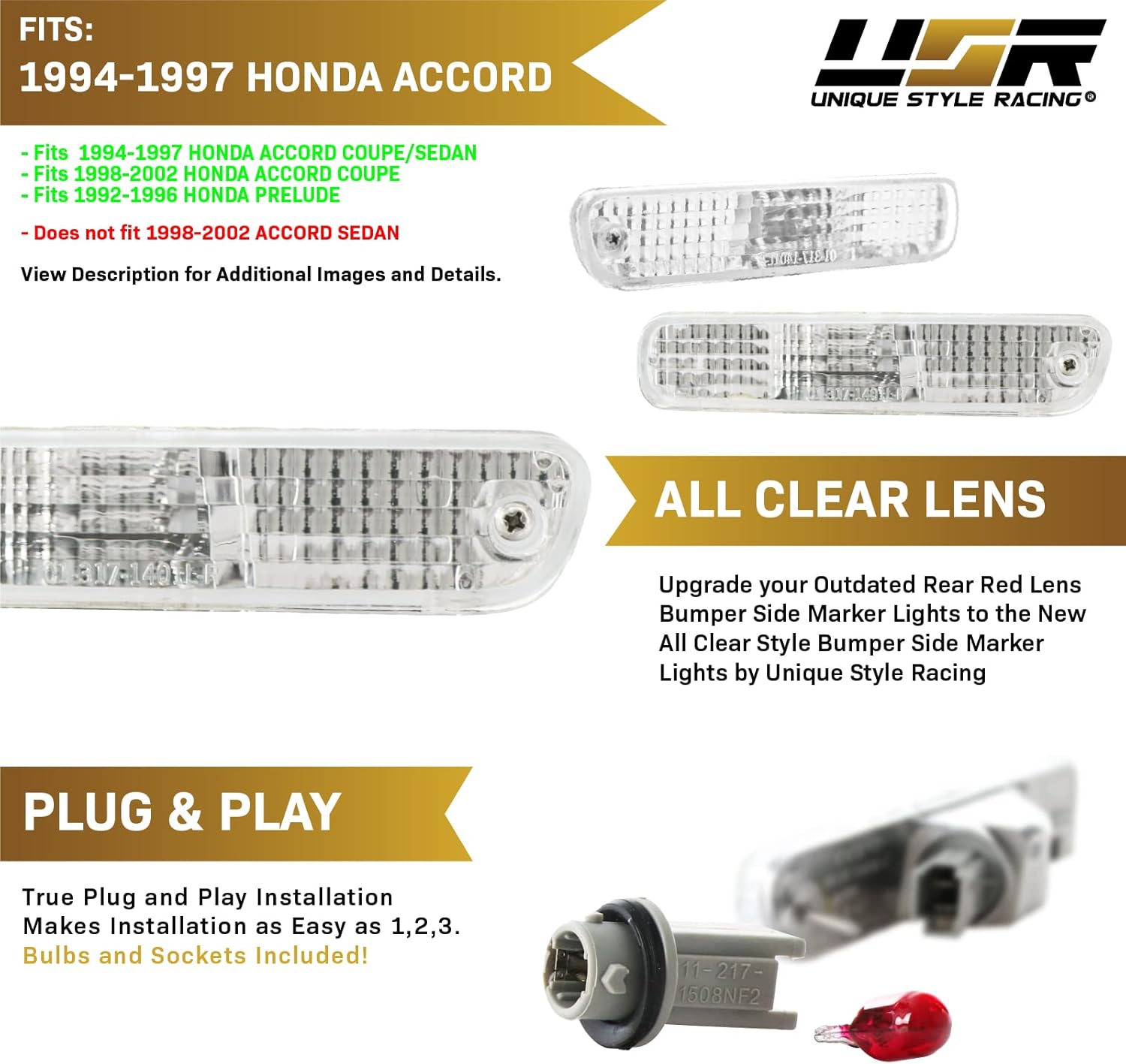 USR DEPO Rear Bumper Side Marker Lights (Left + Right) Compatible with 1994-1997 Honda Accord / 1992-1996 Honda Prelude / 1998-2002 Accord 2D Coupe Sidemarkers Lamps (White Out Crystal Clear)