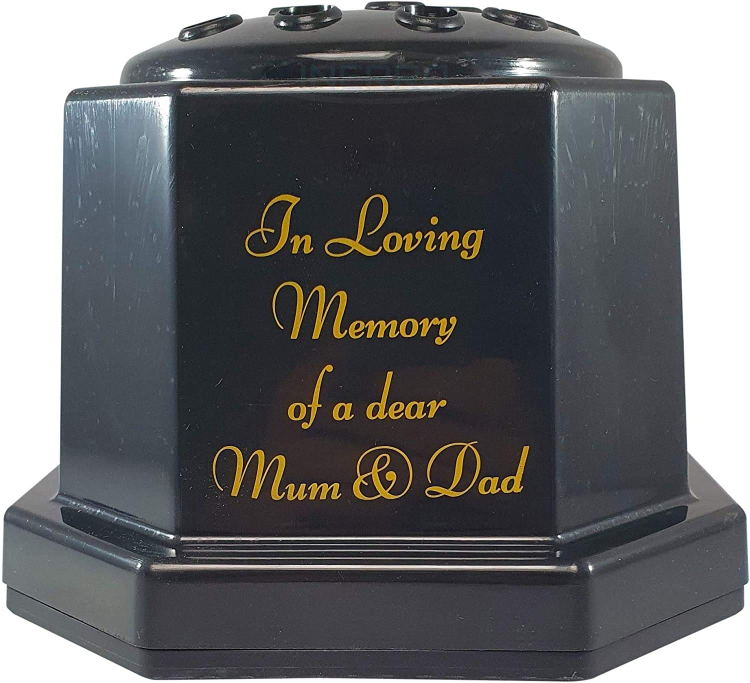 INERRA Memorial Grave Vase Black with Black Lid - Heavy & Sturdy Pot Container for Graveside Flower Arrangements (Mum and Dad with Script Font)