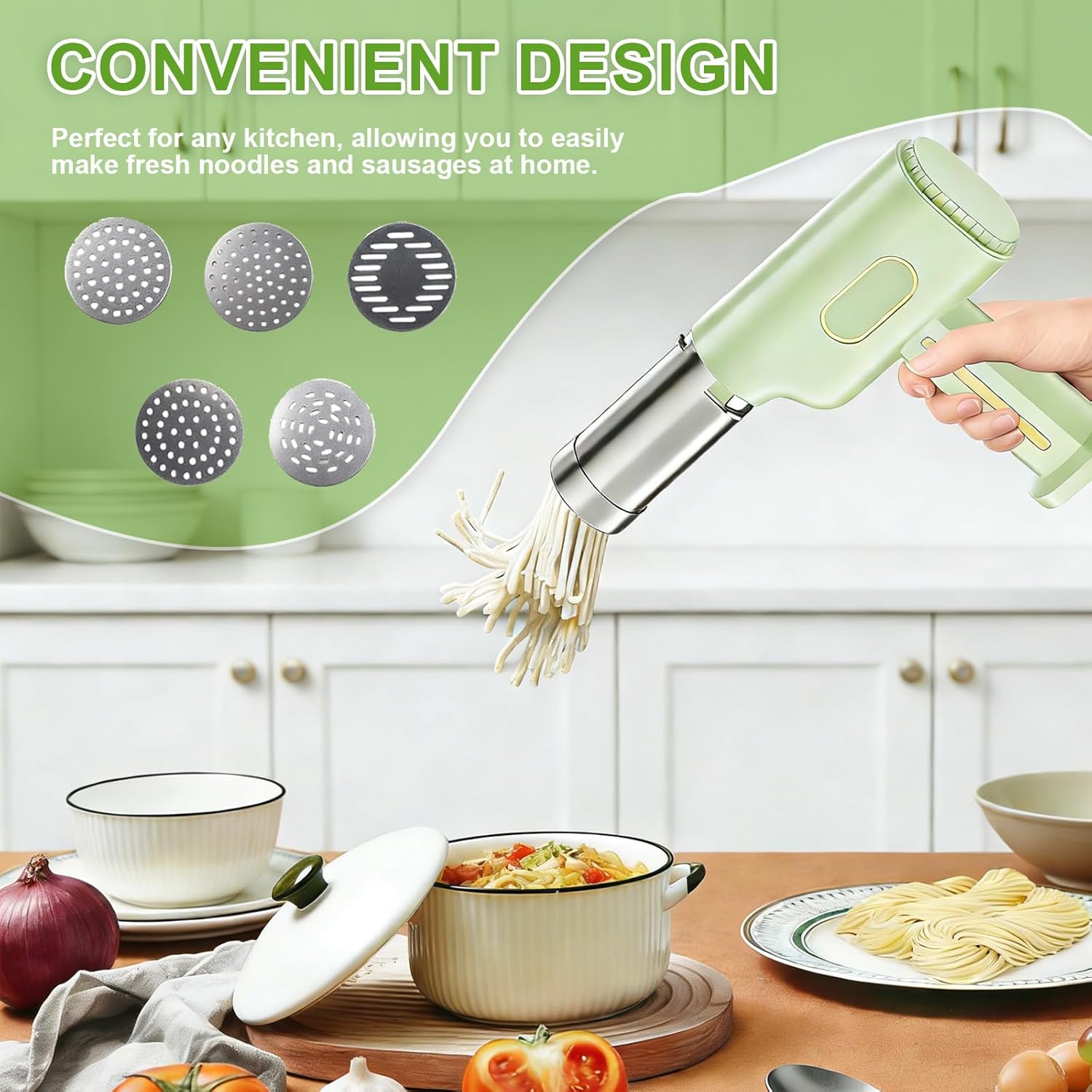 Handheld Electric Pasta Maker, 5-in-1 Cordless Noodle Machine with Molds and Sausage Stuffing Tubes, Portable Automatic Dough Pressing Machine for Homemade Spaghetti and Sausage