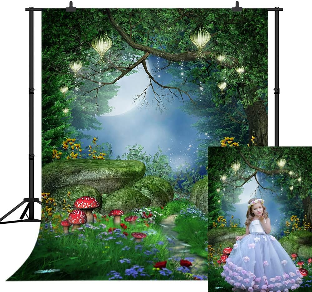 5X7FT Enchanted Forest Backdrop Fantasy Fairy Photography Background Mushrooms Flowers and Lanterns Dreamy Forest Backdrops for Children Kid's Birthday Party Portrait Photo Backdrops SCO142A