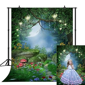 CapiSco 5X7FT Enchanted Forest Backdrop Fantasy Fairy Photography Background Mushrooms Flowers and Lanterns Dreamy Forest Backdrops for Children Kid's Birthday Party Portrait Photo Backdrops SCO142A