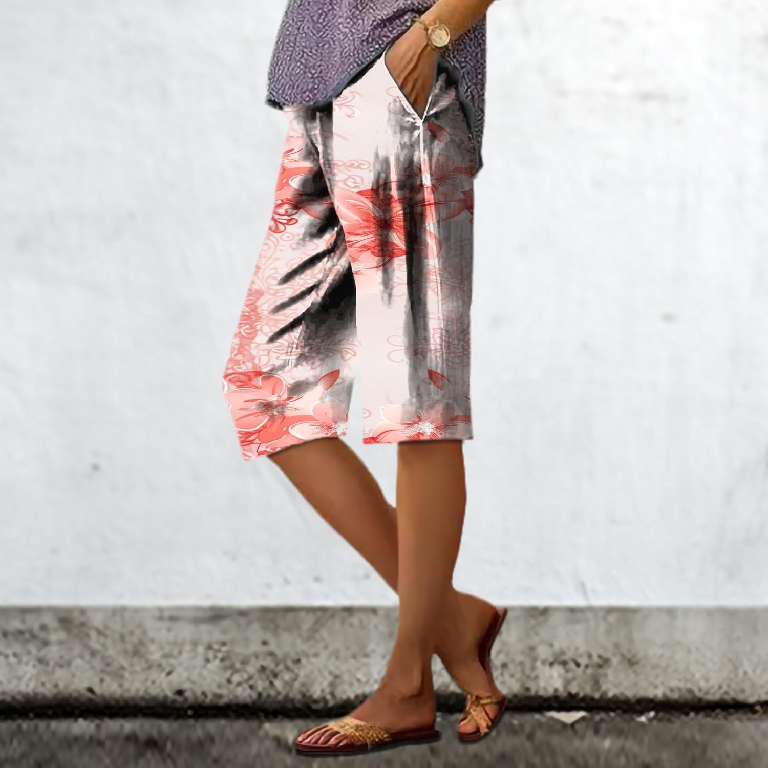 Wide Leg Pants for Women Breathable Quick Dry Floral Graphic Hawaiian Beach Knee Length Trendy Bermuda Shorts - Image 2