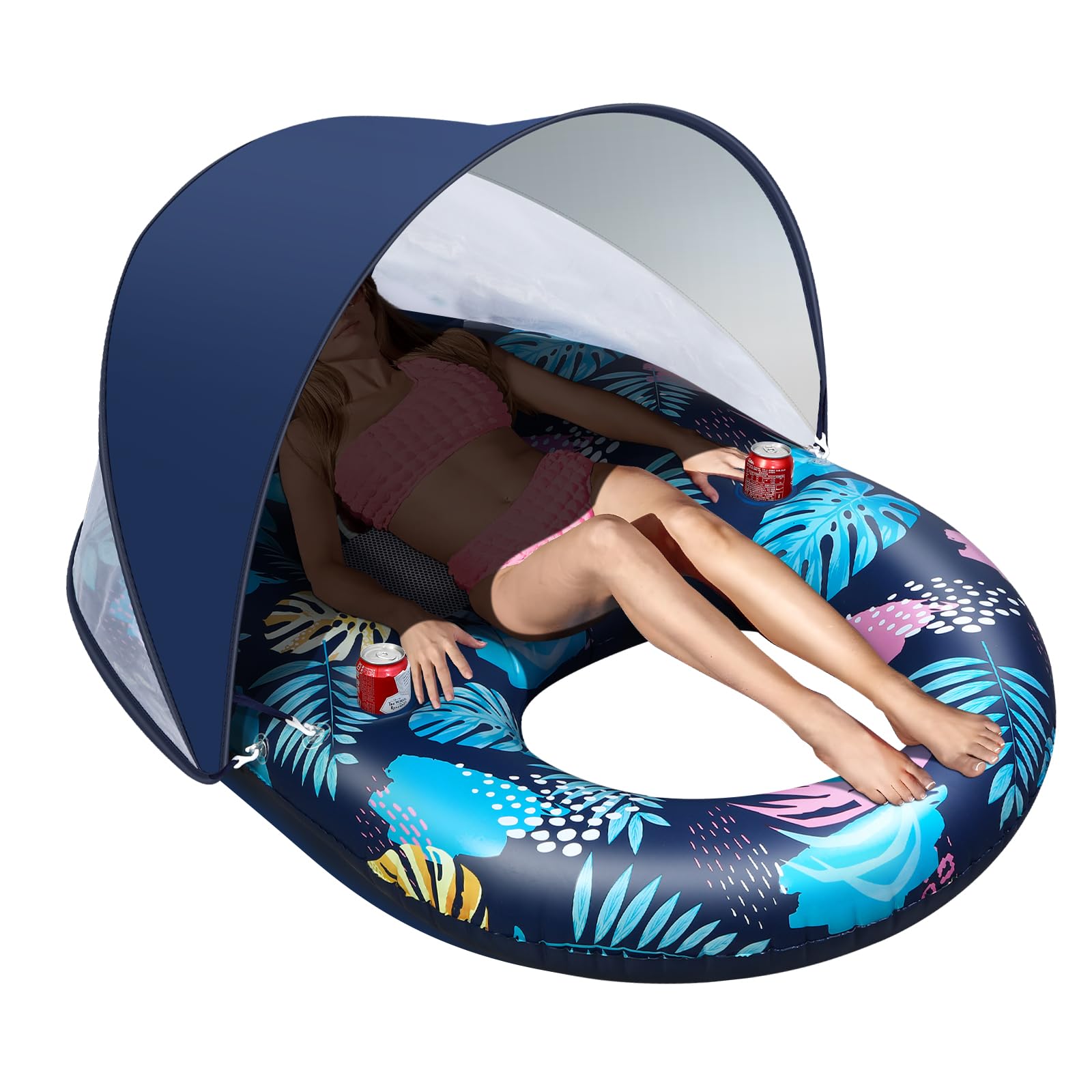 Photo 1 of Inflatable Pool Floats with UPF50+ Canopy-Removable-120° Adjustable, Large Pool Beach Floating Raft Lounge with 2 Cup Holders, Swimming Inflatable Pool Floats for Beach, Lake, Party