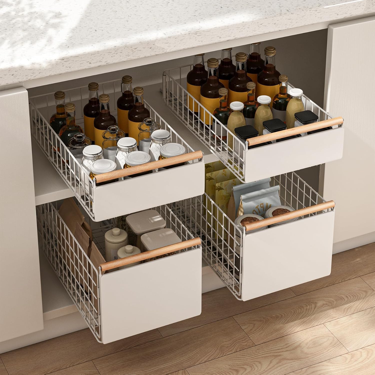 2 cassetti telescopici da cucina, cassetti estraibili, organizer per cassetti più profondi, con guide per e manico in legno, per mobili da cucina, senza fori (bianco)