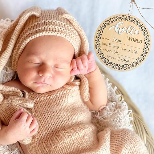 Miniatura 3 de Letrero de anuncio de nacimiento de bebé con rotulador, letrero de madera para recién nacido con almohadilla de tinta para manos y huellas del bebé,