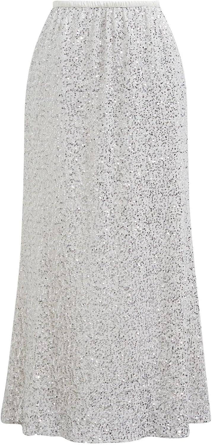 CHICWISH Women Sequin Mermaid Maxi Skirt Elegant Elastic High Waist A Line Flare Cocktail Party Glitter Long Skirts