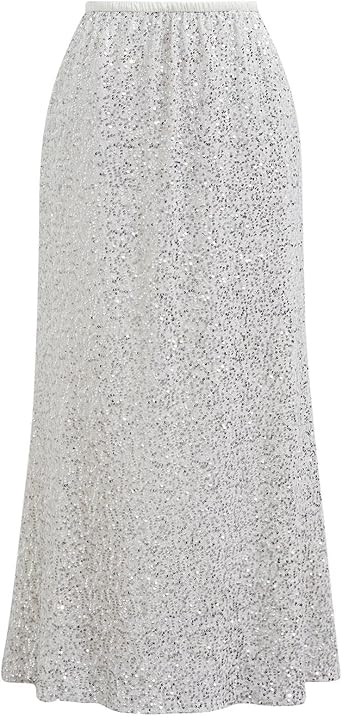 CHICWISH Women Sequin Mermaid Maxi Skirt Elegant Elastic High Waist A Line Flare Cocktail Party Glitter Long Skirts