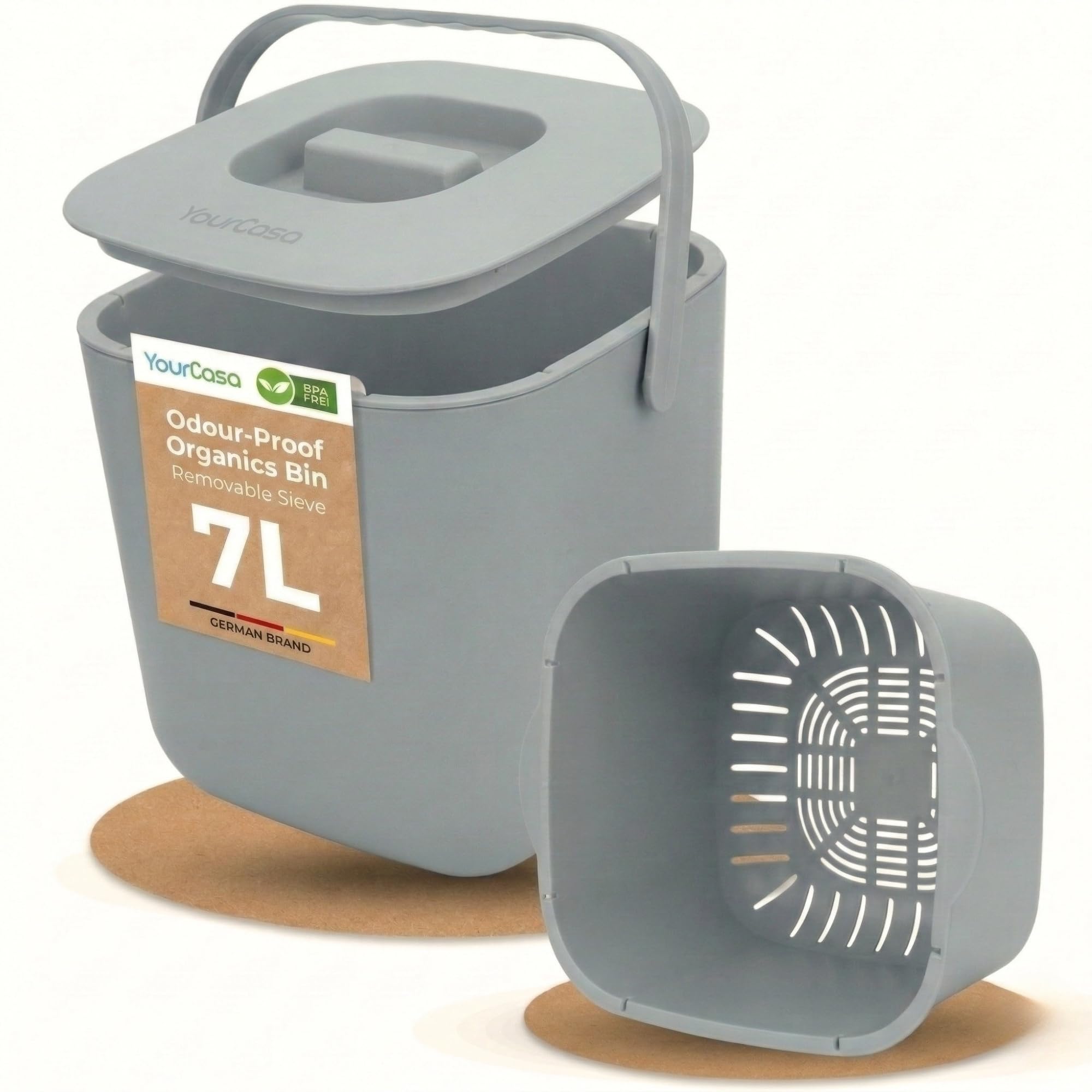 YourCasa® Kitchen Food Waste Bin with Lid - Recycling compost bin 7 Liters - Countertop Composter for Organic Waste - Dishwasher Safe - Odour-Proof - Removable Sieve - food waste caddy (Grey) — image 1