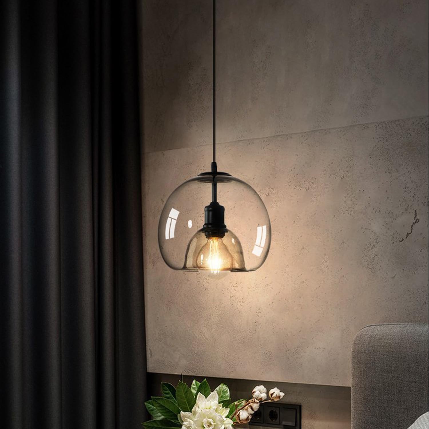 MIXL-Smoked Glass Pendant Light Kitchen Island,Adjustable Height Globe Hanging Lamp,Modern Pendant Lamp for Living Room Bedroom