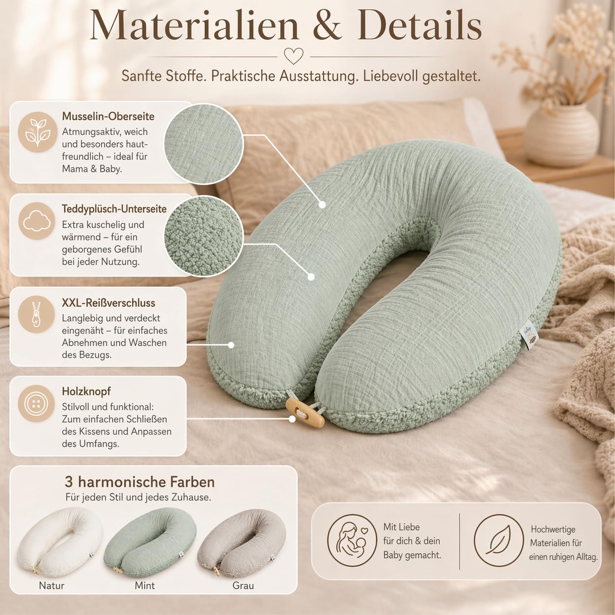 Sei Design Cojín de Lactancia XXL ergonómico, 190 x 30 cm, cojín de Embarazo, cojín cómodo para Adultos | Nestchen recién Nacidos, cojín con Funda 100% algodón