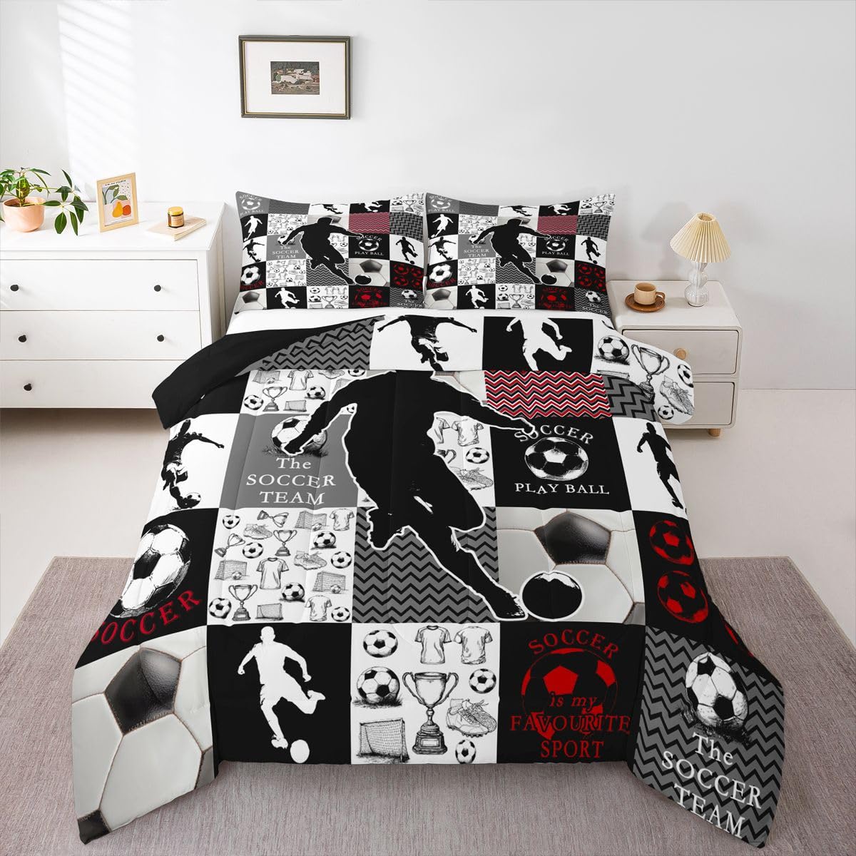 Feelyou Soccer Comforter Set Full Size Football Sports Geometric Black Patchwork Bedding Set for Kids Boys Girls Gaming Sports Duvet Quilt Bedroom Decor Microfiber 3 Pcs with 2 Pillow Cases