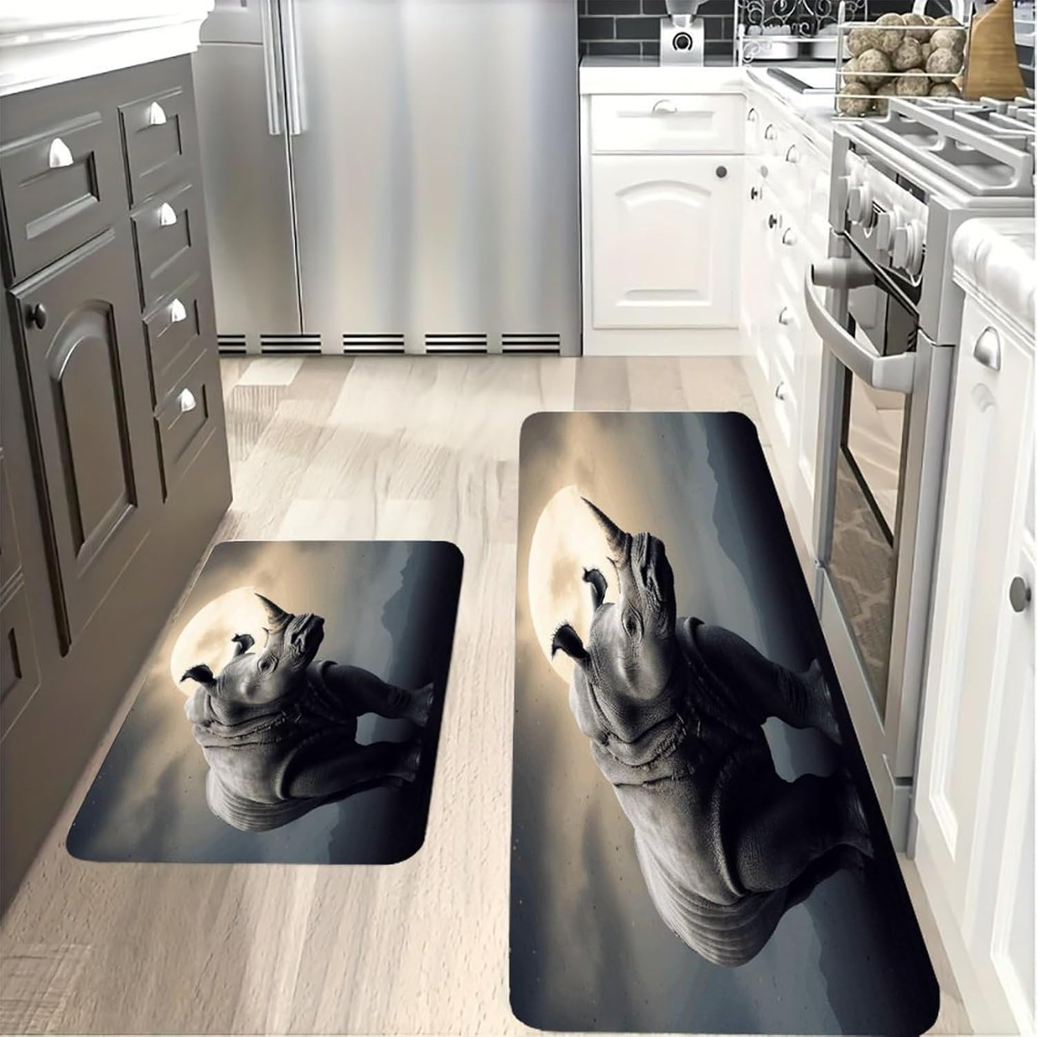 Rhino Kitchen Mat Washable Non Slip Rugs Soft Kitchen Mats for Floor Set of 2 PCS Cushioned Absorbent Runner Standing Rugs for Home Sink Laundry Office