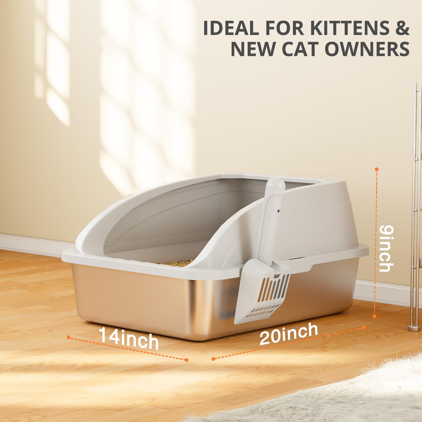 Katzentoilette aus Edelstahl mit Deckel, Metall-Kitty-Katzentoilette mit Schaufel, antihaftbeschichtet, leicht zu reinigen, für Katze, Kaninchen, Meerschweinchen und Hamster - Hellgrau