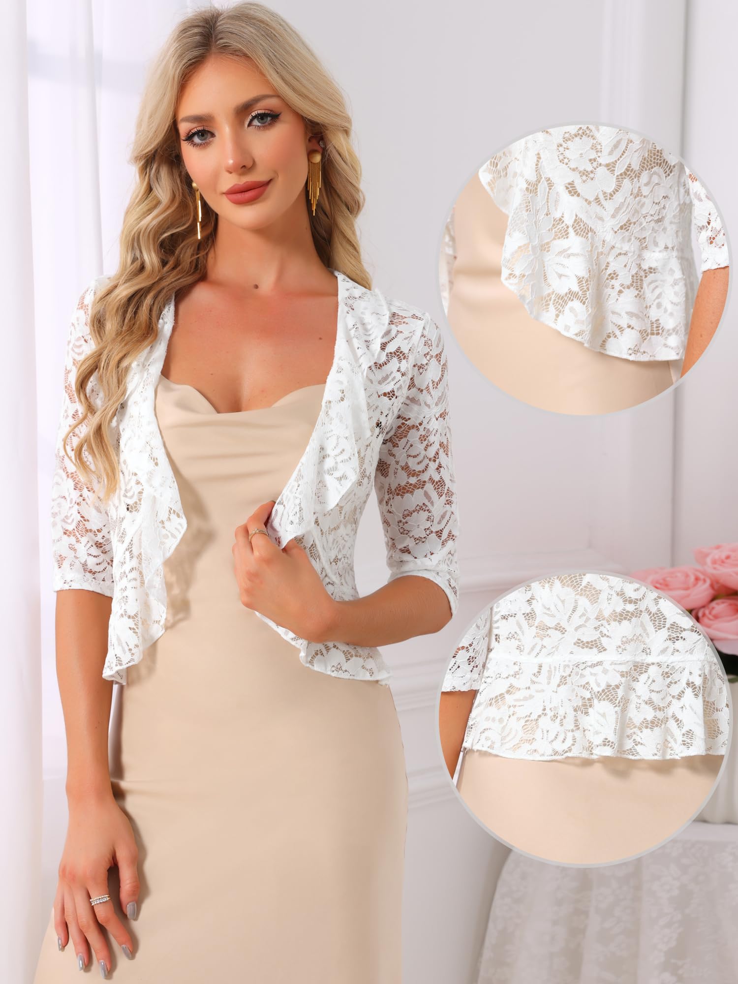 Allegra K Donna Coprispalle in Pizzo Manica A 3/4 Bolero Elegante con Volant Cerimonia Cardigan Corto