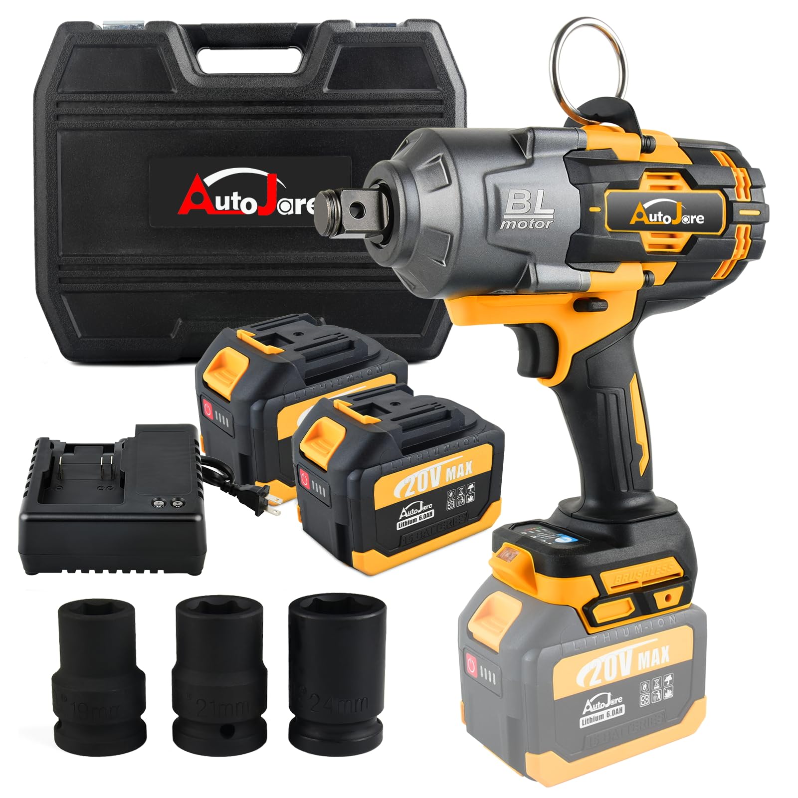 AUTOJARE Cordless Impact Wrench 3/4 inch Brushless High Torque 1475 Ft-lbs (2000 N.m) Heavy-duty Impact Wrench with 2pcs 6.0A Battery, Carrying Case,