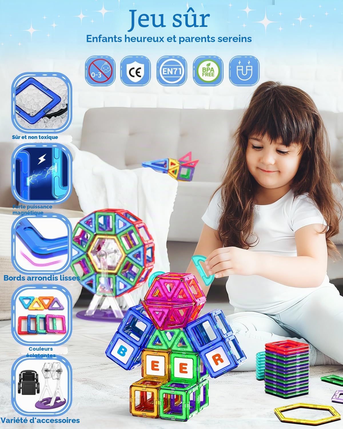 Theefun Construction Magnetique Enfant 136 Pièces, Blocs de Construction Magnétique Jeux de Construction Magnetique pour Garçons et Filles Créatif et éducatif pour Enfants de 3 4 5 6 7 Ans