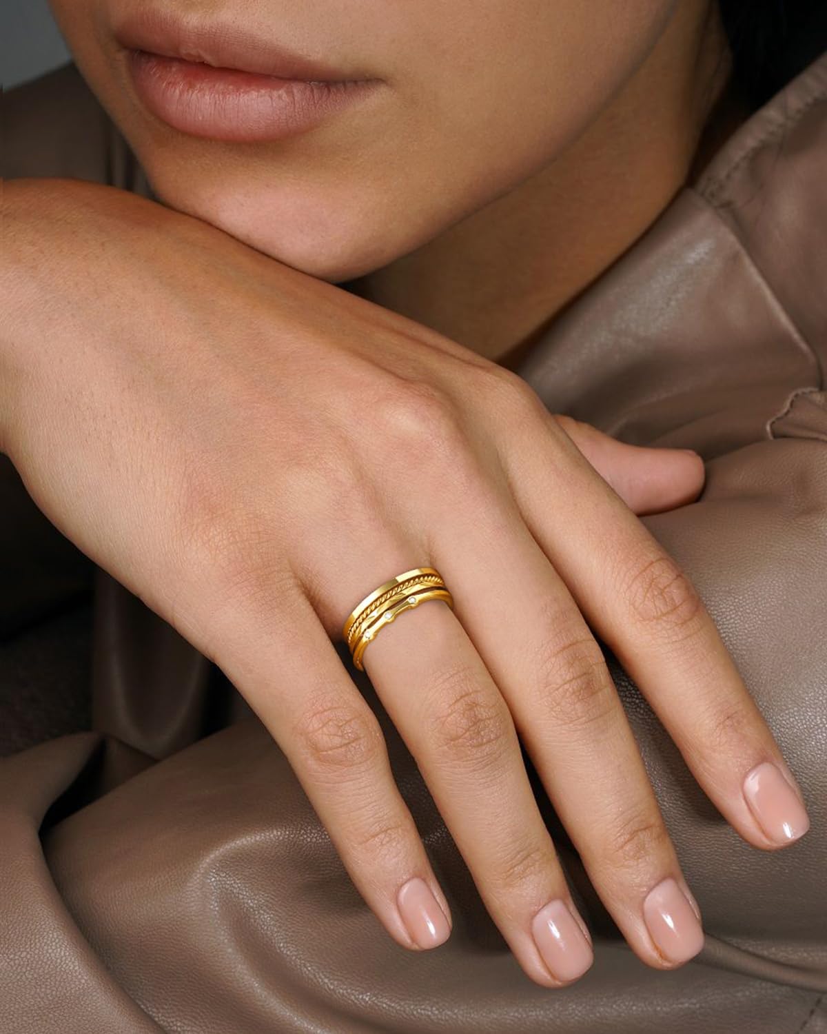 WEDDINEN S925 Sterling Silver Gold Rings for Women Non Tarnish, 4PC Stackable 18K Gold Plated Thin Thumb Ring Set Cubic Zirconia Dainty Stack Gold Knuckle Rings Set Size 6-10 - Image 8