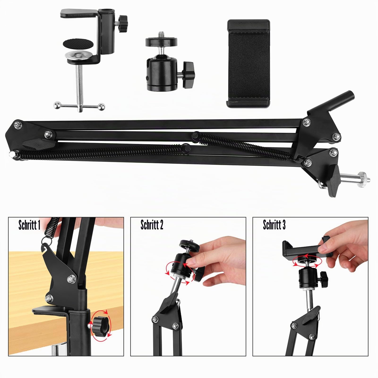 Handy Gelenkarmhalterung Chromlives Overhead Stativ Handy mit Smartphone Klemme 1/4‘’ Schraube Halter Schwarz Schwanenhals Smartphone Ständer Bett Verstellbar Halterung Tischklemme