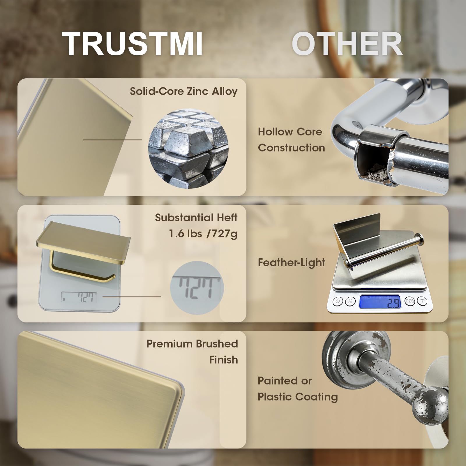 TRUSTMI Soporte de Papel higiénico con Estante para teléfono, Accesorios de baño, dispensador de Rollo de pañuelos montado en la Pared, Oro Cepillado