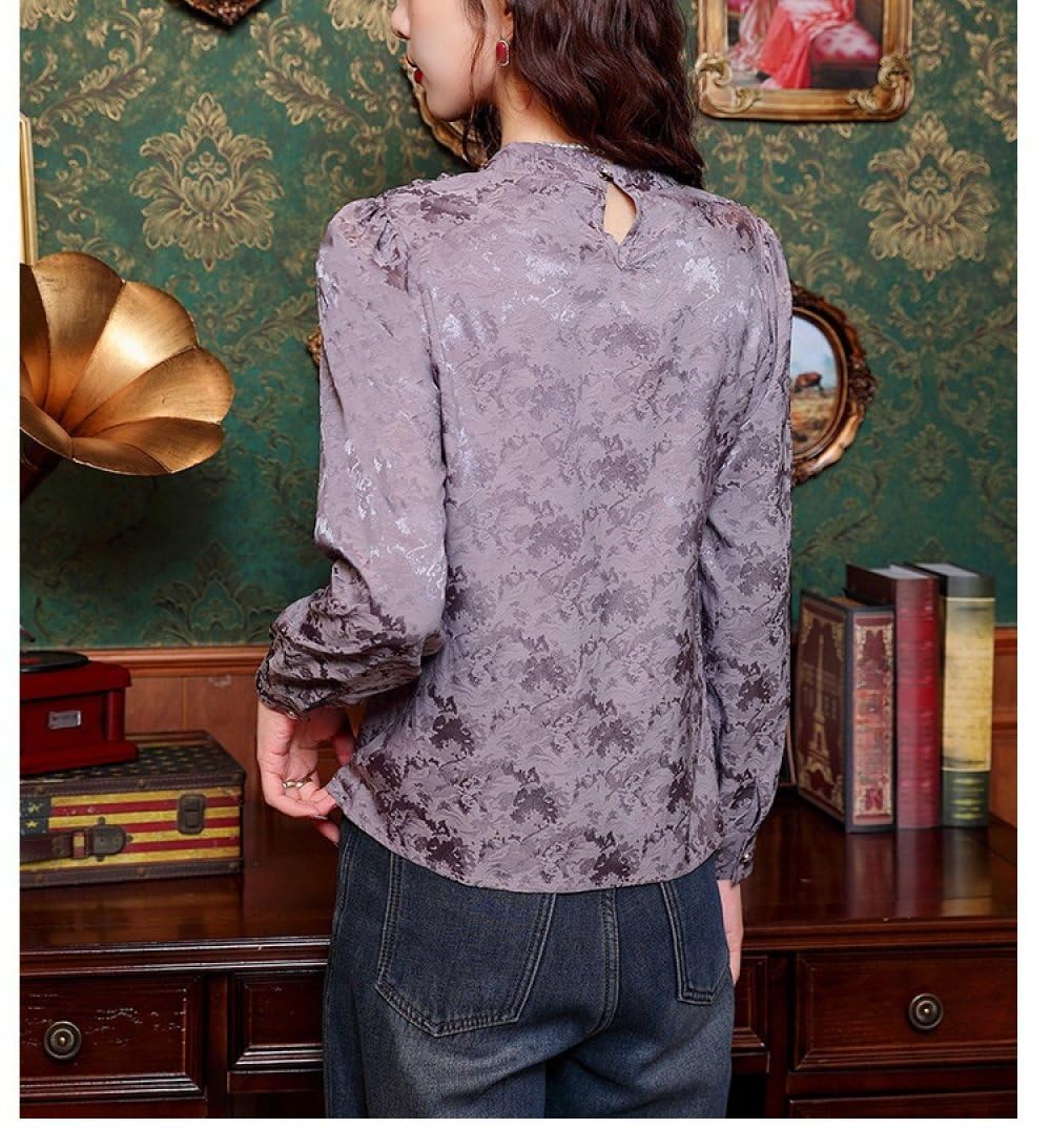 Camisa De Estilo Chino Qipao De Manga Larga De Seda Satinada para Mujer,Borlas con Hebilla Y Cuello Levantado De Brocado Verde Retro Blusas Tipo Jersey Elegante Camiseta Tradicional Tops