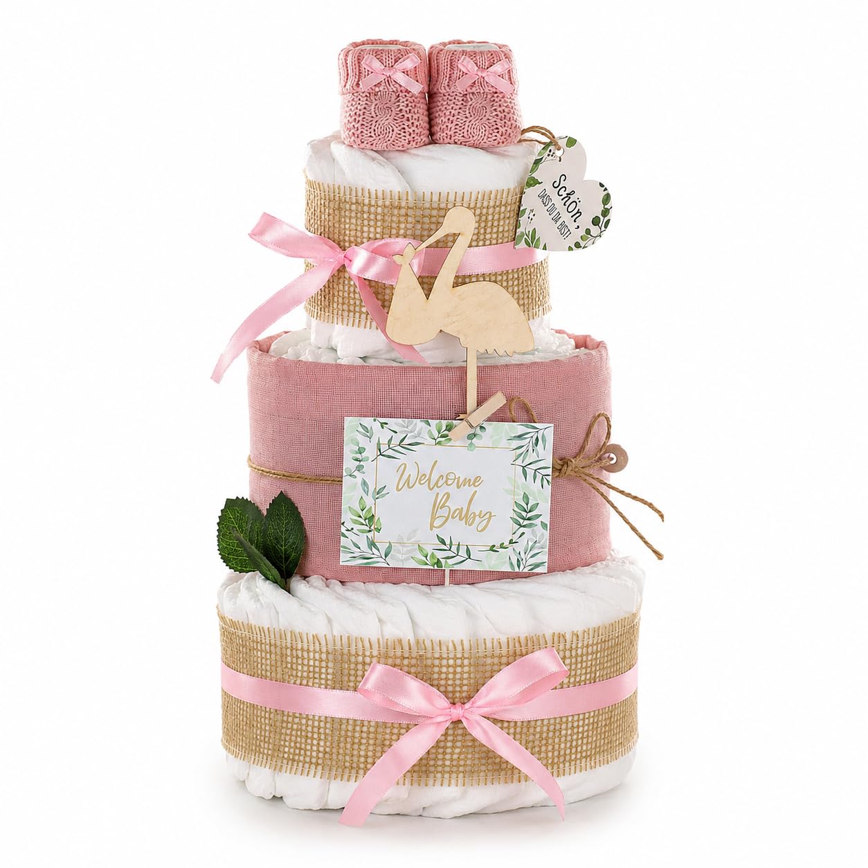Premium Windeltorte Storch mit Bündel | inkl. Babybooties und Mullwindel | 3-stöckig (rosa)