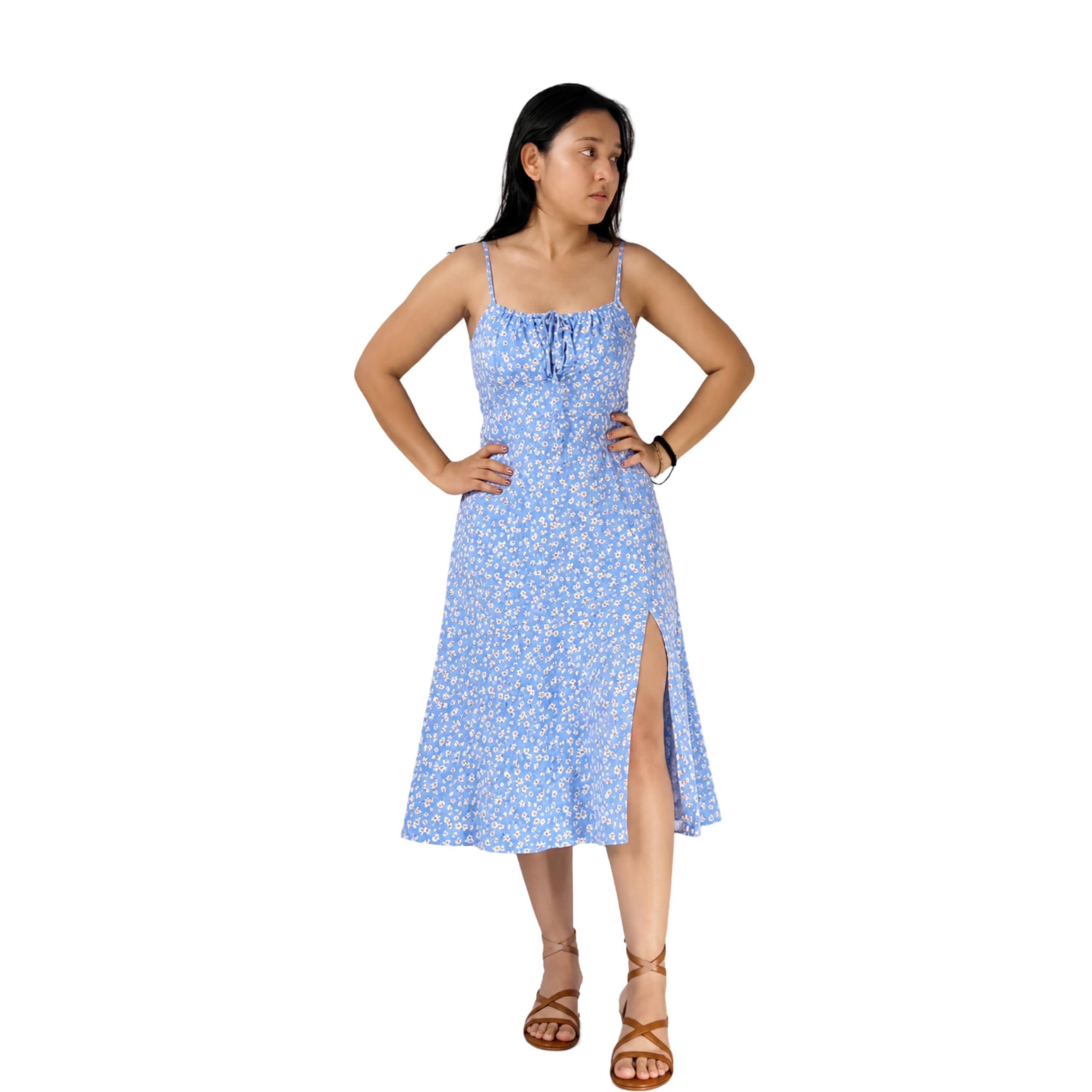 Women's Blue Floral Midi Dress with Spaghetti Straps & Side Slit-picture-32
