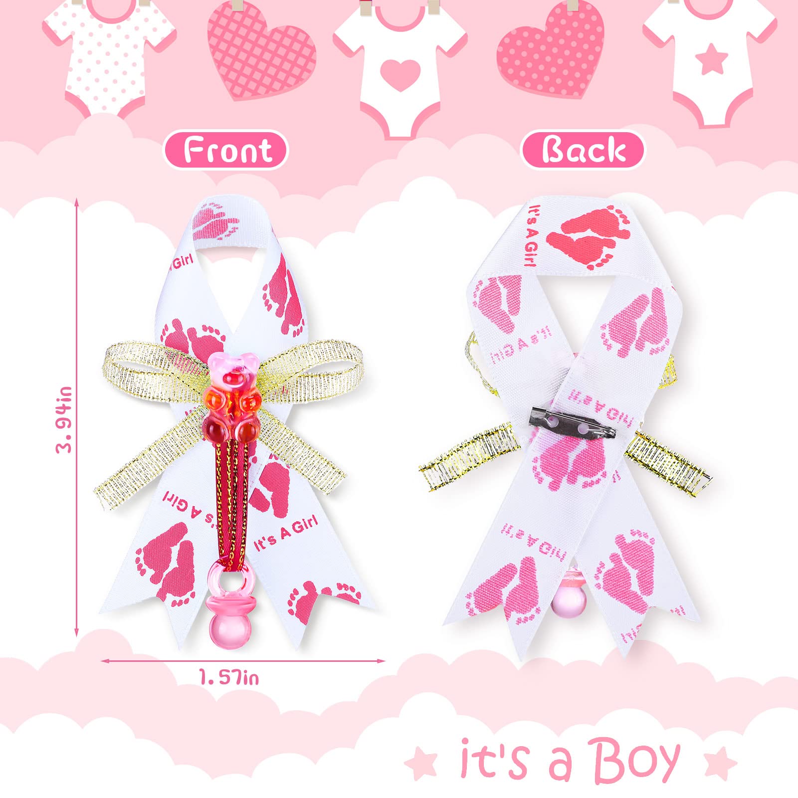 Jexine 50 Pcs Baby Shower Bowknot Brooch Pins Baby Shower Gifts It's a Girl Ribbon Brooch with Pink Pacifier and Bear for Gender Reveal Party Decorations