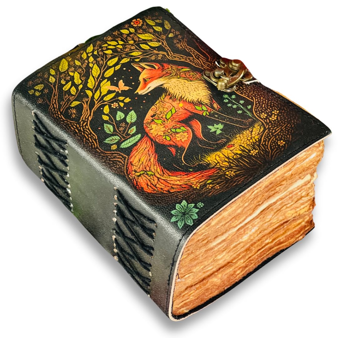 Clever fox leather journal for men grimoire journal 400 pages with lock leather journals for women, bound dairy cuadernos para mujer witchcraft supplies spell book sketch book notebook gift fox Fox