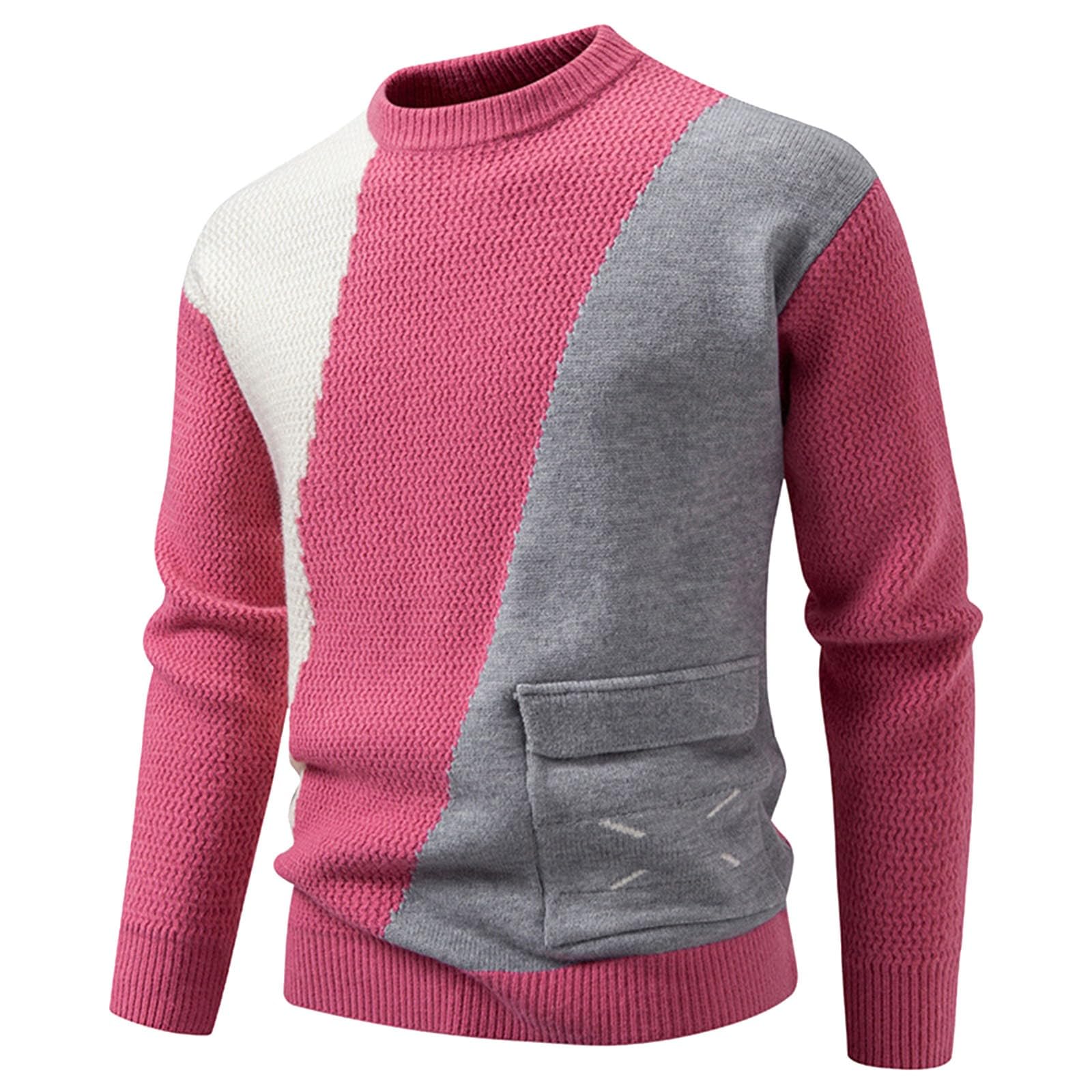 Generisch Jersey de punto para hombre, manga larga, cuello redondo, jersey de invierno, jersey de patchwork, jersey de punto fino, suéter de trabajo, cómodo jersey de ocio, ropa de calle