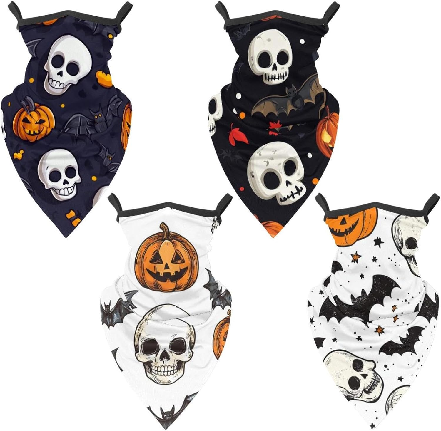 4 Pack Halloween Skulls Pumpkins Bats Neck Gaiter Face Scarf Cover Sun Protection Balaclava Cloth Bandanas with Ear Loops