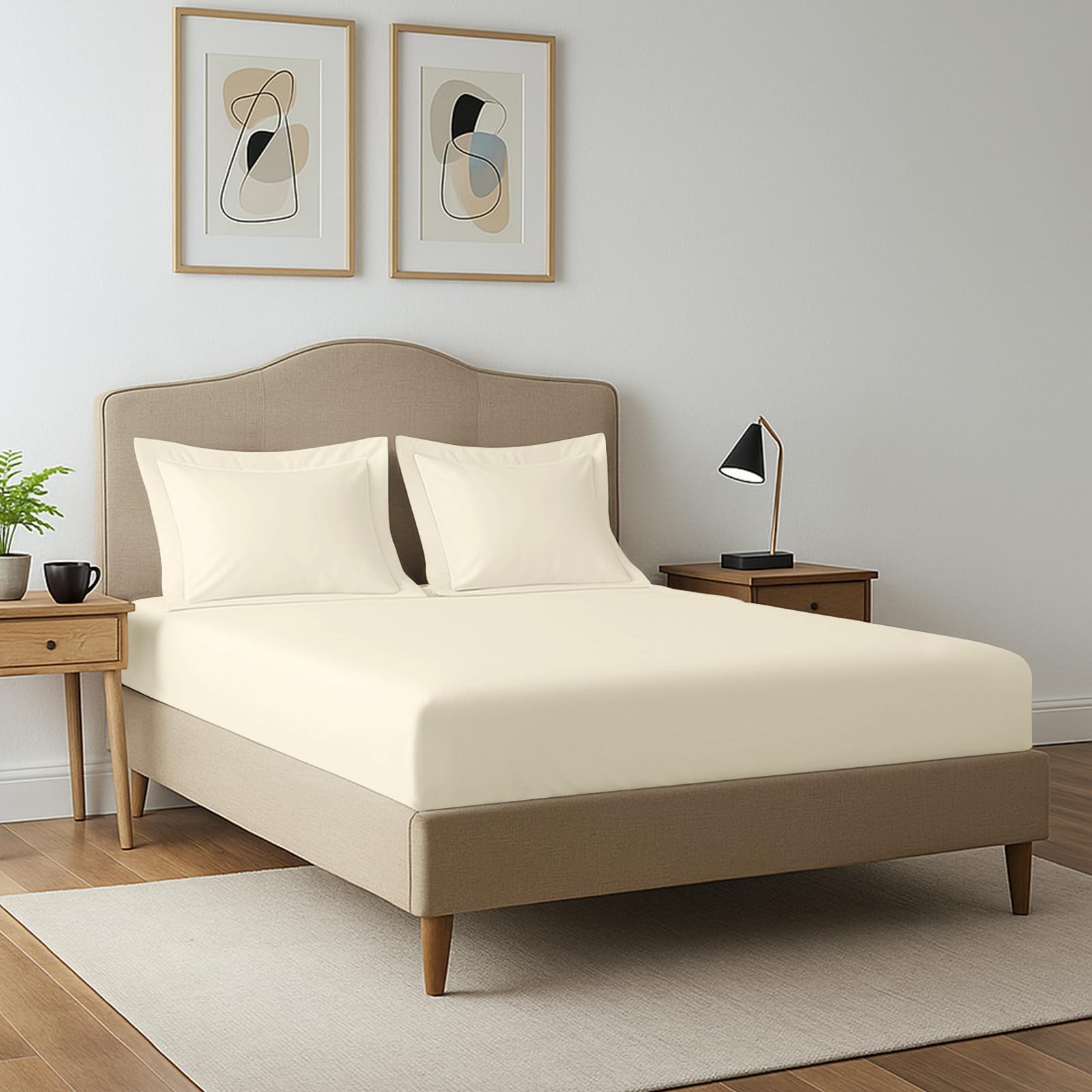 Pizuna 400 Thread Count Fitted Sheet King Size 160x200 cm with 2 Pillow Cases, New Ivory, 100% Long Staple Cotton, Soft Sateen Weave, Fitted Bed Sheets with 40 cm Deep Pocket — image 1
