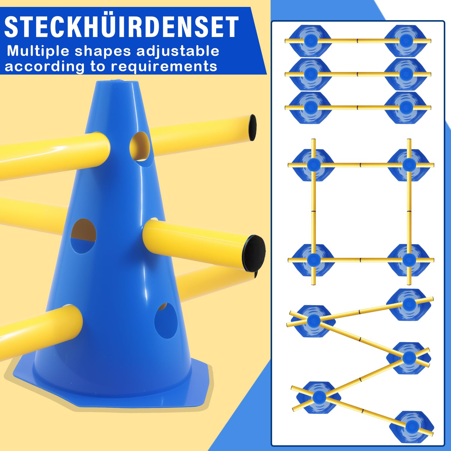 5er Sports Steckhürdenset Cavaletti Agility Set Hunde Hürden Steckhürdenset 10 Kegel 23cm + 5 Stangen 80cm Agility Koordinationstraining Set für Kinder Hunde Teamsport Fussball