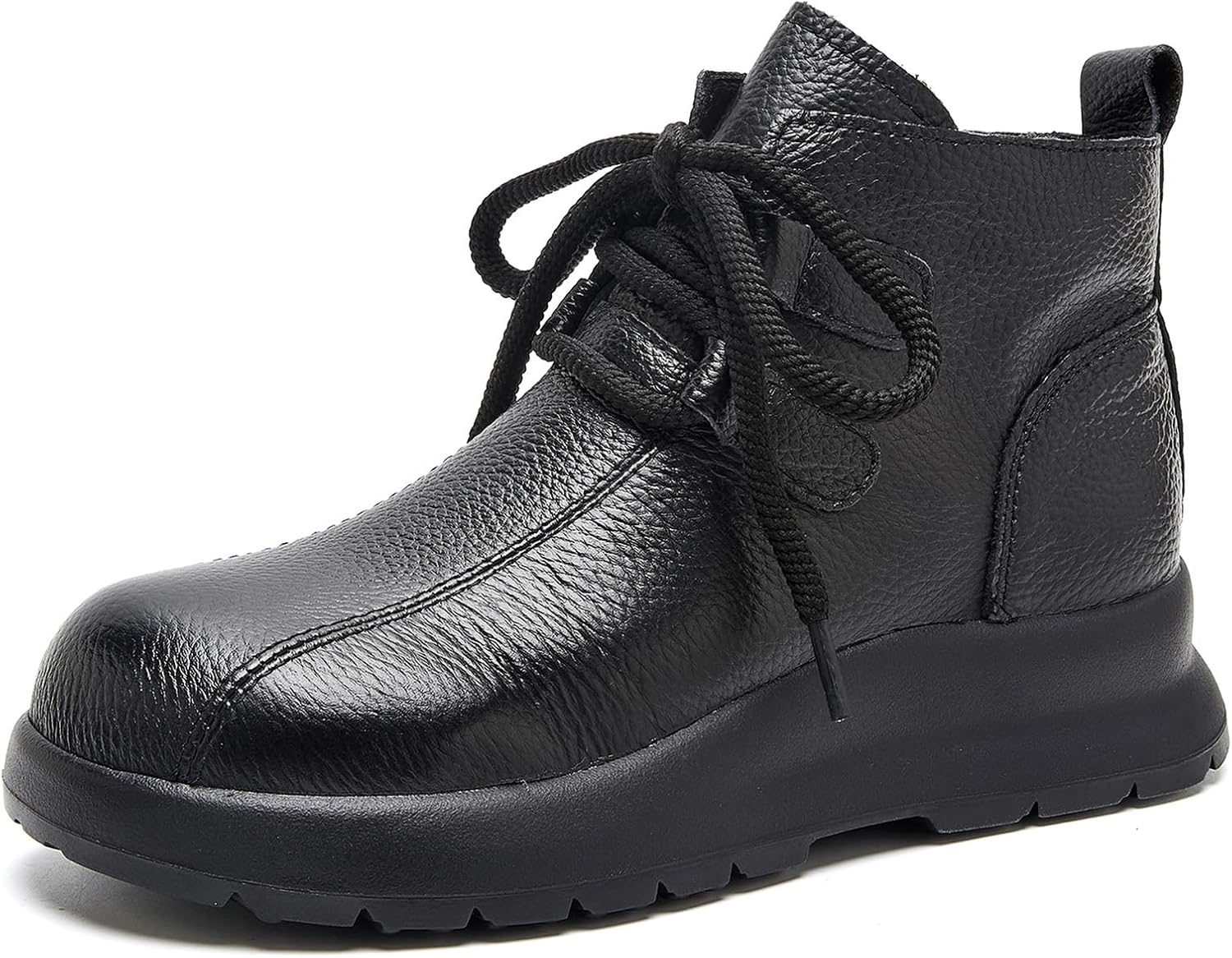 Women's Leather Platform Ankle Boots with Side Zipper Cute Round Toe Lace Up Soft Lug Sole Flat Heel Booties Daily Home Office Walking Short Boots