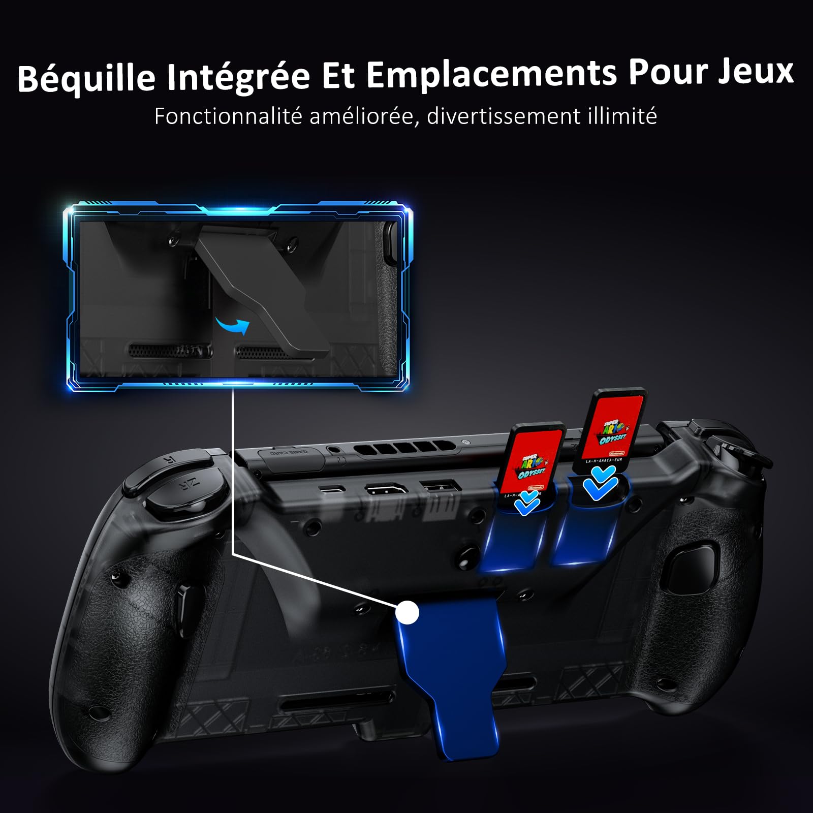 NexiGo Gripcon à Effet Hall avec béquille et Sortie HDMI pour Le Dock TV, Joystick à détection Hall pour Switch/Switch OLED, Mode Portable, Ports HDMI et USB 3.0 Pris en Charge en 4K/1080P, Noir