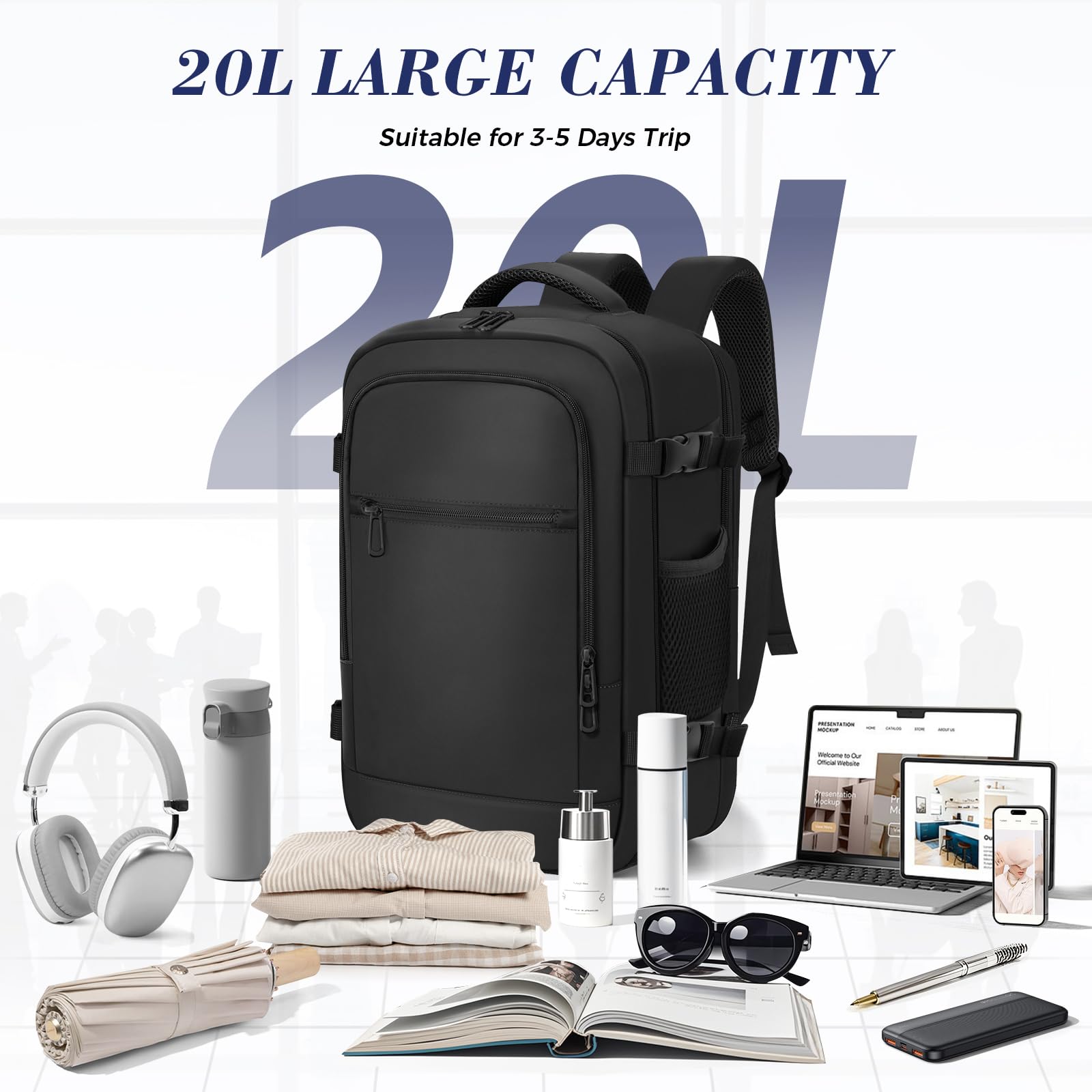 BAHIWOM Zaino per Ryanair 40x20x25, Bagaglio a Mano 20L Sotto il Sedile, Zaino Aereo Antifurto con Tasca PC 14 Pollici, Borsa da Cabina Uomo Donna per Lavoro Trekking - Nero