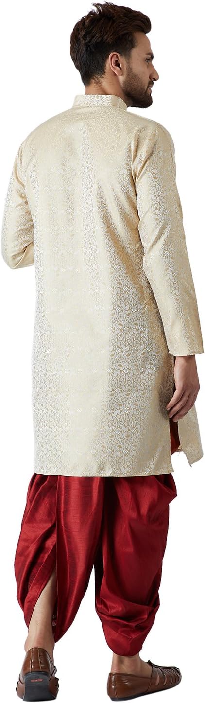 Size XL 42 Color Mustard and Red Pants Sojanya (Since 1958, Men's Blue & Mustard Silk Dhoti Kurta Set